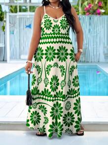SHEIN Lady Plus Size Bohemian Style Casual Floral Print Sleeveless Dress Suitable For Going Out - Green - View 3