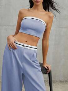 Elenzga 2件套女士休闲撞色抹胸上衣和裤子套装，适合大学穿着