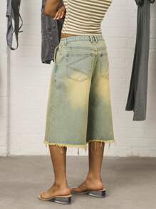 COUREZ 低腰长款水洗牛仔短裤/Y2K出街穿搭可爱性感度假装女式街头复古阔腿裤 - 淺色水洗藍 - 查看 6