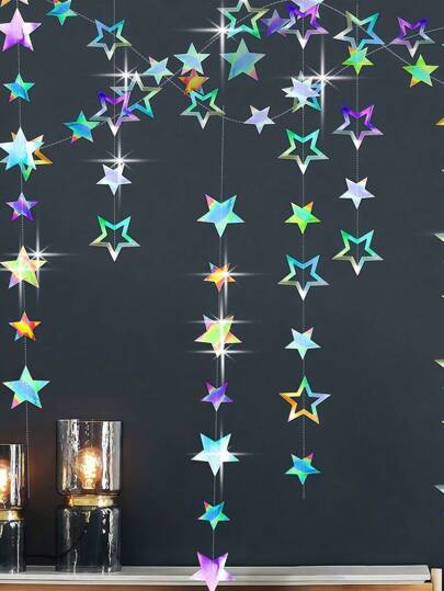 3.7M 12.1ft Glitter Paper Banner Birthday Party Decoration First 1st Birthday Silver Star Garland Adult Wedding BabyShower Graduation New Year Decor Party Decorations Hanging Ornaments Glitter Laser Cut Star Shaped Hollow Out Stars Ready To Use For Birthday Wedding Festival Holiday Supplies