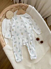 儿童新生儿男孩卡通恐龙印花圆领长袖前开扣柔软舒适连脚连体衣 - 米色 - 查看 2