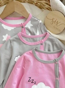 嬰兒女孩可愛印花拼色翻領裝飾長袖針織柔軟舒適家居連體褲套裝，3入組 - 灰色 - 查看 5