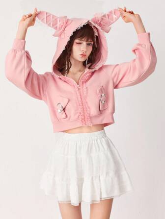 Kawaii Cute Kawaii Sweet Colorblock Bow Decor Ear Hoodie For Women