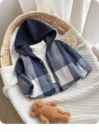 Baby Boy Casual Plaid Color Block Hat Woven Cardigan Coat, For Christmas