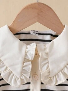 SHEIN Infant Polo Shirt Top, Baby Boy Striped Long Sleeve Crew Neck T-Shirt, Elegant Spring/Autumn New Style Undershirt Fall Winter - Black and White - View 7