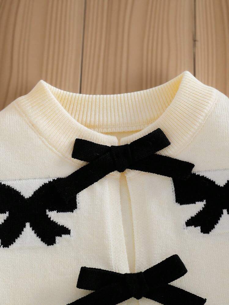 Elladie kids 年轻女孩开衫百搭女孩秋冬新款针织长袖开衫毛衣，提花蝴蝶结图案，3D蝴蝶结装饰，宽松柔软针织外套适合日常穿着和节日场合 - 杏色 - 查看 4