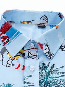 Genlund Men's Casual Vacation Tropical Dog Print Short Sleeve Shirt - Baby Blue - View 5