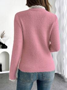 EMERY ROSE Fashionable & Sweet Lace Collar 3D Soft Faux Fur Pullover Sweater, Versatile For Autumn/Winter, European And American Style Knit Pullover Fall - Pink - View 2