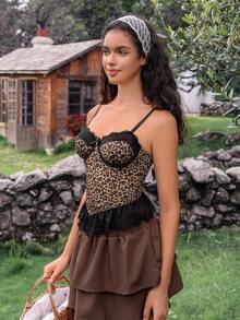 SHEIN 1pc Women's Lace Patchwork Leopard Print Underwire Sexy Bra Leopard Corset Top Cheetah Print Corset Corset Dress For Women Leopard Print Top Lace Corset Top - Multicolor - View 7