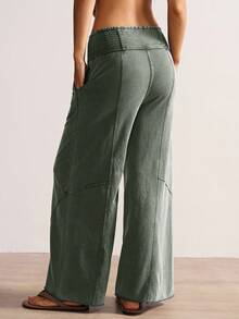 Bohemela Quần ống rộng dệt kim màu trơn đơn giản cho nữ đã giặt - xanh quân đội - Xem 2