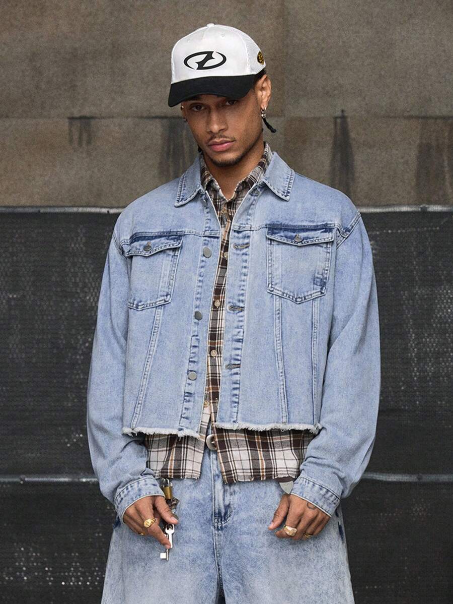 AXEPEAK 男士梭织休闲宽松长袖短款夹克，秋季 - 藍色 - 查看 1