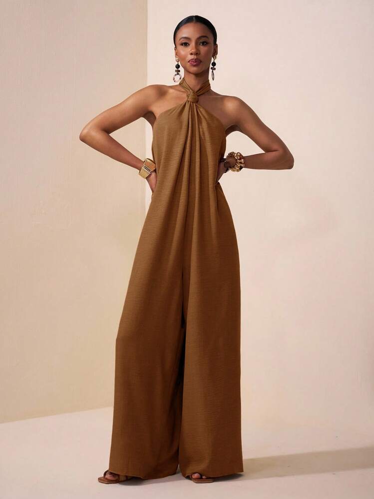 Zivah 2025 夏季新款音乐节复活节母亲节婚礼季参加婚礼出席生日日常休闲度假邮轮旅行海滩日光浴病毒式优雅休闲挂脖露背扭纹宽松阔腿裤，红棕色，女士连体裤 - 摩卡棕 - 查看 3