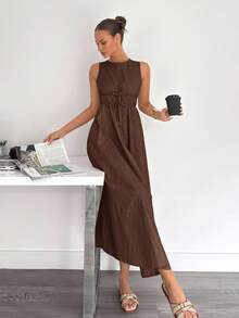 Siren Gaze Váy dài vải lanh dáng chữ A không tay dành cho nữ, Xuân/Hè - màu nâu - Xem 4