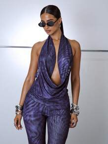 MUSERA Top en maille imprimée à encolure béante extrême, idéal pour les vacances, les festivals Ibiza, les raves, les occasions Y2K sexy, les sorties, les anniversaires, les soirées, l'automne, le streetwear grunge et les clubs. Costume pour femmes. Vêtements d'été et de printemps - Bleu azur - Voir 2