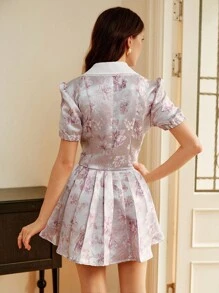 SHEIN Clasi Sexy Deep V-Neck Puff Sleeve White Bowknot Waist Slim Fit Mini Dress - Pink - View 2