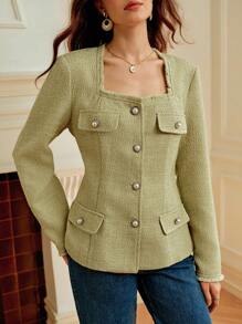 Penseblé Elegant Sage Green Autumn Tweed Long Sleeve Jacket For Women,Faux Pearl Buttons Square Collar Fall Cloth,Suitable For Tea Party,Banquet & Wedding - Green - View 5