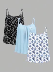 SHEIN EZwear 3 件套大码花卉印花休闲吊带背心，夏季适用，黑/白 & 蓝/白 - 彩色 - 查看 1