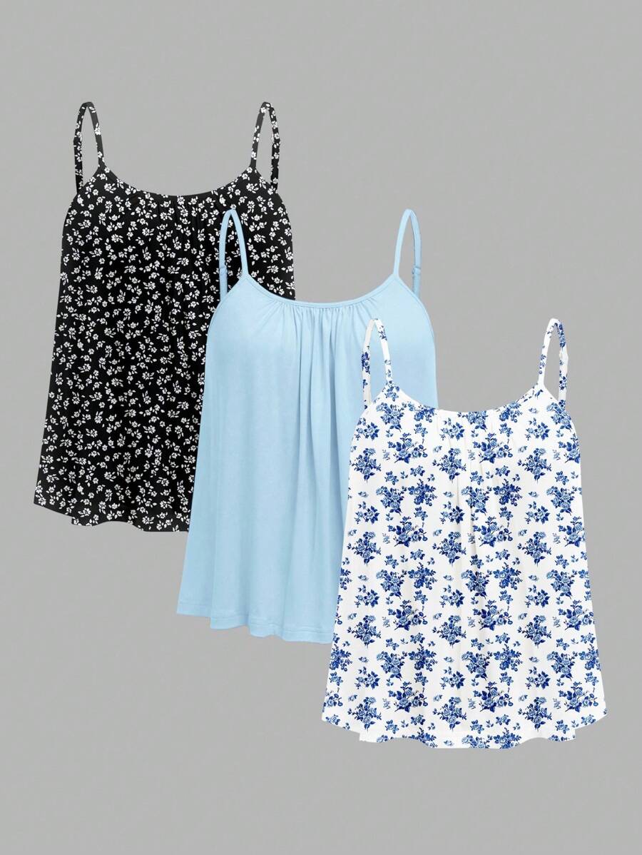 SHEIN EZwear 3 件套大码花卉印花休闲吊带背心，夏季适用，黑/白 & 蓝/白 - 彩色 - 查看 1