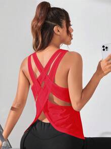 SHEIN Core Rhythm 女式纯色交叉露背健身运动背心 红色运动上衣 女式运动上衣 交叉运动上衣 露背运动上衣 露背运动上衣 露背健身上衣 女式运动上衣 女式健身上衣 女式健身上衣 - 紅色 - 查看 3