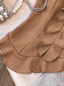 GlowEve 2件套女士不对称荷叶边下摆优雅上衣和裤子套装 - 咖啡棕 - 查看 3