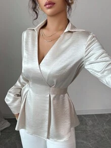 Elenzga 女士优雅时尚V领交叉系带秋季衬衫 - 杏色 - 查看 3