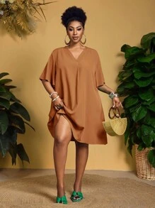 Slaydiva 新款优雅休闲/商务休闲女式短袖雪纺V领宽松荷叶袖连衣裙，秋季女装 - 棕色 - 查看 9