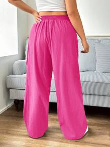 SHEIN EZwear New Plus Size Casual Fuchsia Pink Versatile Pants,Holiday - Hot Pink - View 3