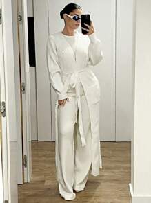 SHEIN ICON Cardigan casual de cor sólida, comprimento longo, bainha aberta e cinto, outono/inverno - Branco - Ver 4