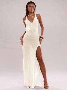 SHEIN BAE 女士海滩度假休闲波西米亚镂空设计连衣裙 - 杏色 - 查看 3