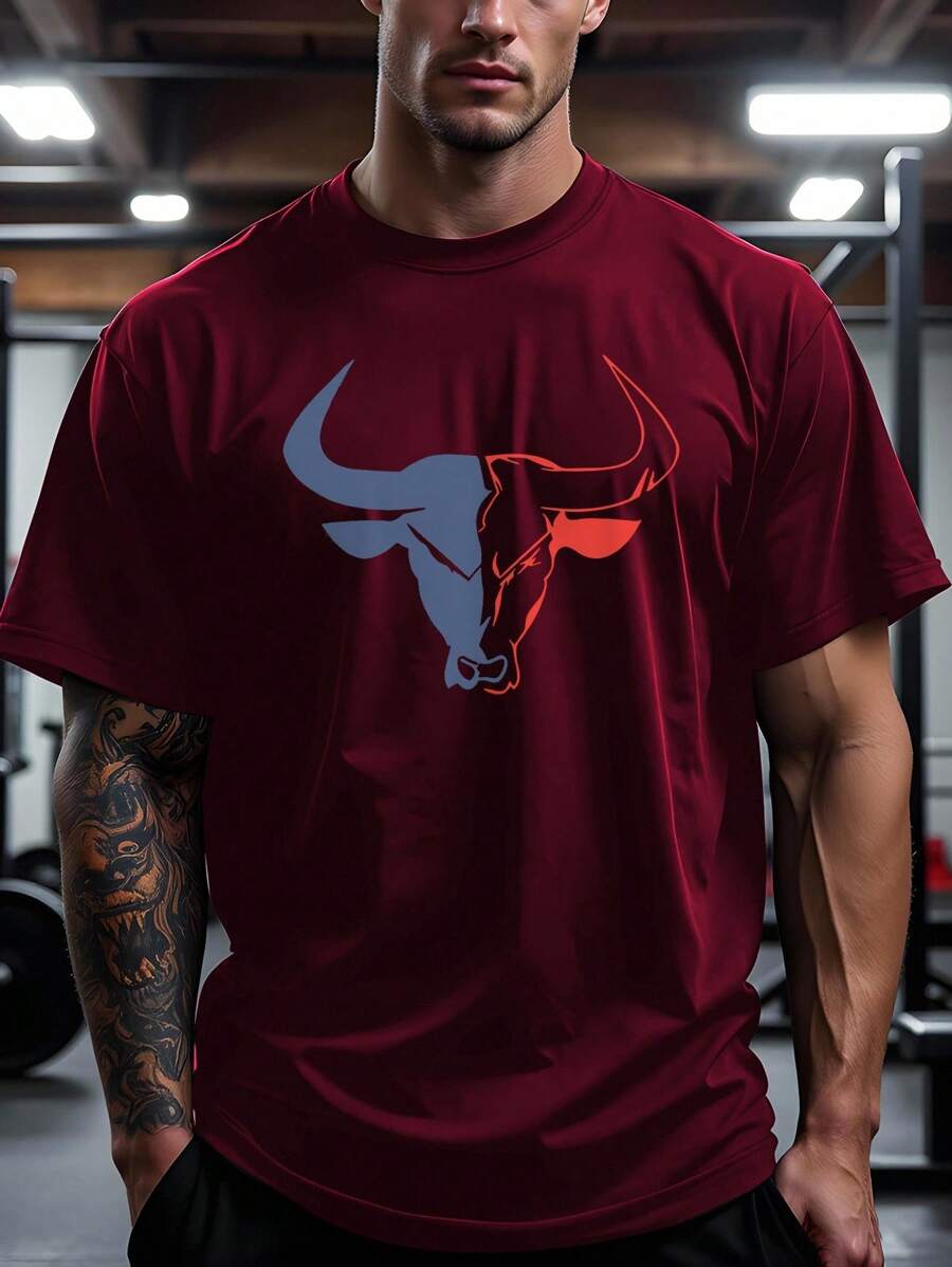 Gym Rark Kaos Olahraga Pria Lengan Pendek Leher Bulat Warna Merah dengan Motif Banteng - Burgundy - View 1