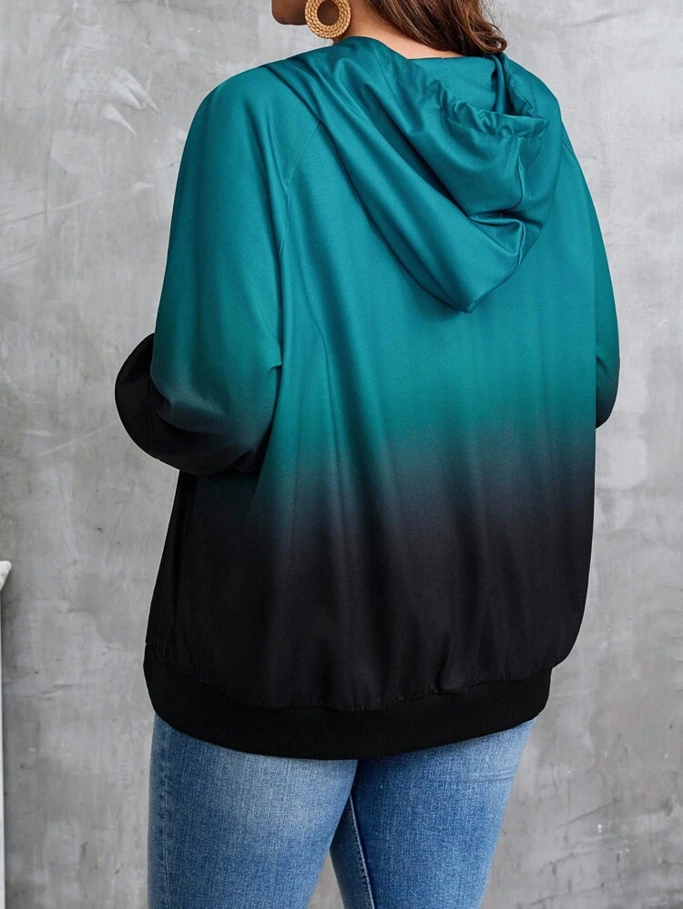 Abrigo casual con capucha con cordón, manga raglán en degradado, para mujer talla grande, adecuado para otoño temprano, salir, estilo occidental, invierno, otoño
