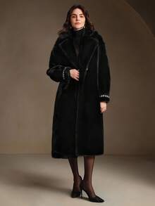 Anewsta Jaqueta de pele sintética de luxo feita à mão com gola de pele sintética de cristal e manga comprida para mulheres, adequada para outono/inverno, Natal, ano novo, festa, elegante, luxuosa, formal, chique, preta