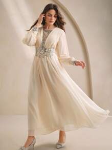 Anewsta 女士时尚新款性感镂空修身长袖水钻亮片优雅派对连衣裙 - 杏色 - 查看 6