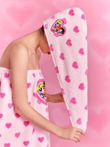 THE POWERPUFF GIRLS X SHEIN 1 pieza Toalla de secado de cabello con estampado de corazón y flor, burbujas y Buttercup, absorbente, adecuada para todos los tipos de cabello