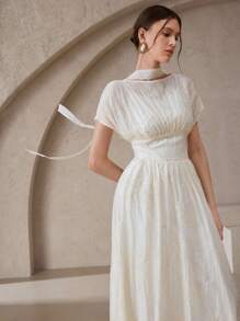 Modelyn Women's Floral Jacquard Round Neck Batwing Sleeve Waist Cinched Elegant Dress