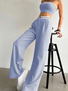 Elenzga 2件套女士休闲撞色抹胸上衣和裤子套装，适合大学穿着