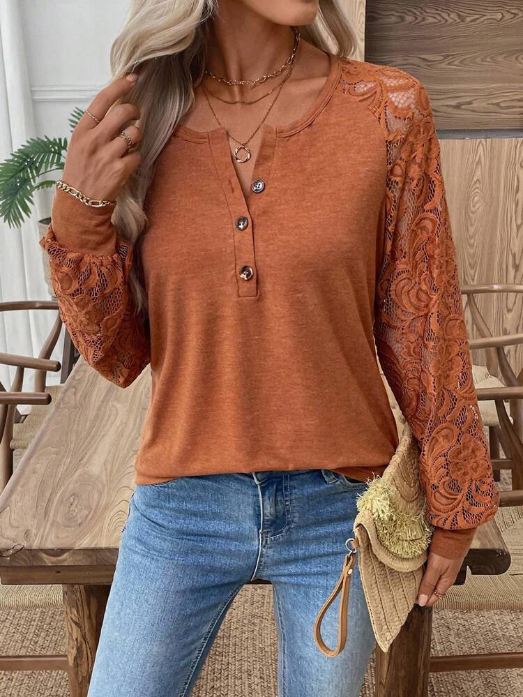 Plus Size Women's Brown Autumn Casual Workwear Sweatshirt,Elegant Lace Patchwork Solid Color Orange Brown Top,Fall/Winter Country Vacation Outfits