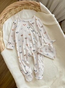 2 件装新生男婴可爱小狗印花圆领前开长袖连体衣带扭结帽，柔软舒适家居服套装 - 卡其色 - 查看 6