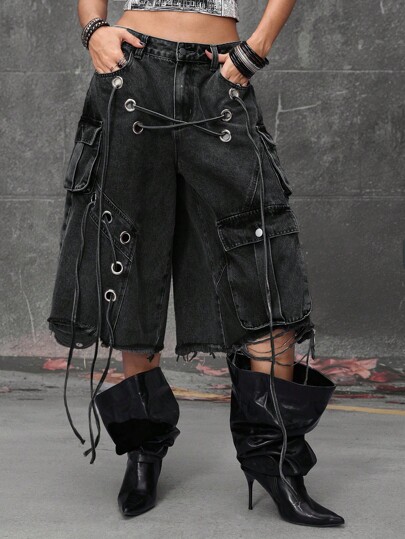 Grunge Punk Street Punk Style Distressed Loose Low Waist Women Denim Capri Pants