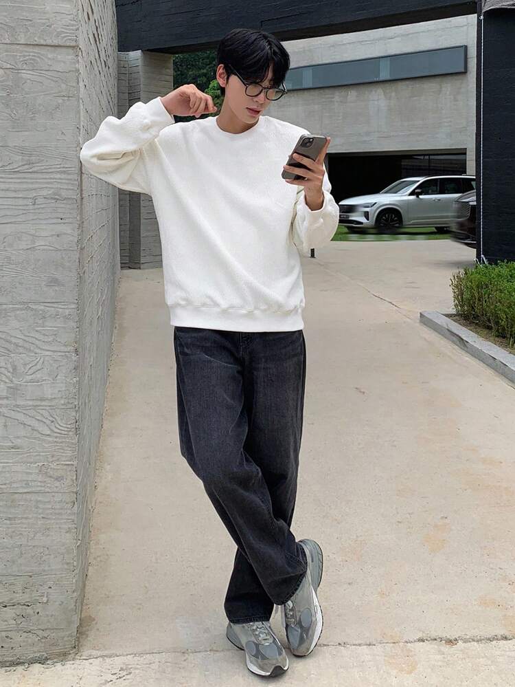 Men's Solid White Textured Fabric Pullover Sweatshirt, Autumn