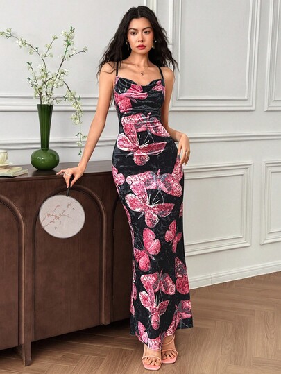 EastFlair Women's Butterfly Print Draped Neck Fitted Long Dress Long Floral Dress Women Bodycon Maxi Dress Women Butterfly Print Maxi Dress  Chinese Style