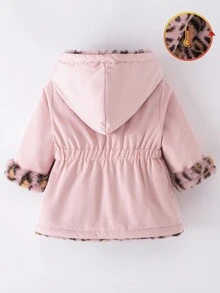 SHEIN Playful Pals Toddler Girls' Winter New Thickened Reversible Hooded Zipper Jacket, Leopard Print Padded Cotton Outerwear For School & Casual Wear Fall - Pink - View 2