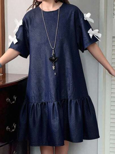 SHEIN Tween Girls Cute Navy Blue Polka Dot School Dress,Fashion Casual Y2k Vintage Ribbon Bow Small Round Neck Loose Denim Dress,Autumn Back-To-School Wear