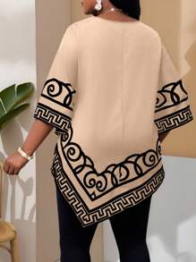 SHEIN Lady 大码时尚通勤撞色印花不对称下摆衬衫 - 卡其色 - 查看 2