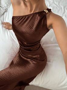 Siren Gaze 女式纯色不对称无袖腰收腰中长连衣裙，夏季 - 咖啡棕 - 查看 2