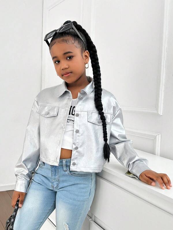 SHEIN Tween Girl Casual Lapel Pocket Metal Button Front PU Short Jacket,In Fall/Winter