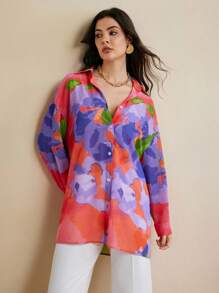 Eva Novielli Colorful Floral Printed Transparent Chiffon Long Oversized Shirt Women Summer Vacation Casual - Multicolor - View 7