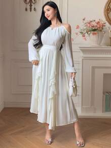 DAZY Vestido de mujer de unicolor con cuello redondo, volantes y hombros abiertos de largo medio, para primavera/verano y otoño, vestido de manga larga y vestido de verano - Beis - Ver 3