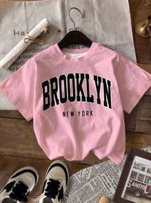 SHEIN Leap Crew 4 件套青少年女孩休闲复古淡紫色、复古奶油粉色、奶油白色、复古学院字母印花简约短袖圆领 T 恤，适合夏季