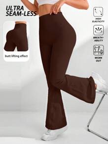 Easithlete 女士纯色高腰喇叭无缝运动瑜伽紧身裤 - 咖啡棕 - 查看 6
